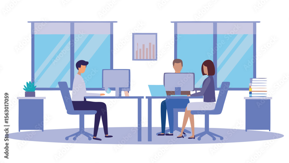 Illustration of three people working at their desks in an office with windows and computers Illustration of three people working at their desks in an office with windows and computers