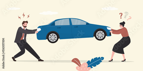 Dividing property. Woman and man pull modern car. Marriage divorce, family conflict. Automobile separation. Legal transport division. Wife and husband breakup