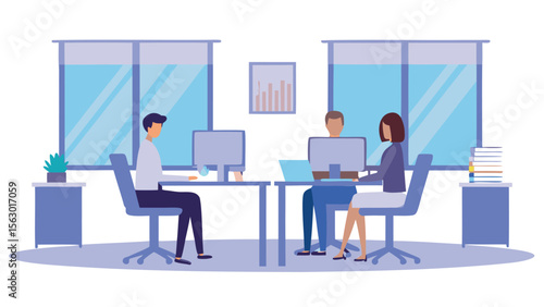 Illustration of three people working at their desks in an office with windows and computers