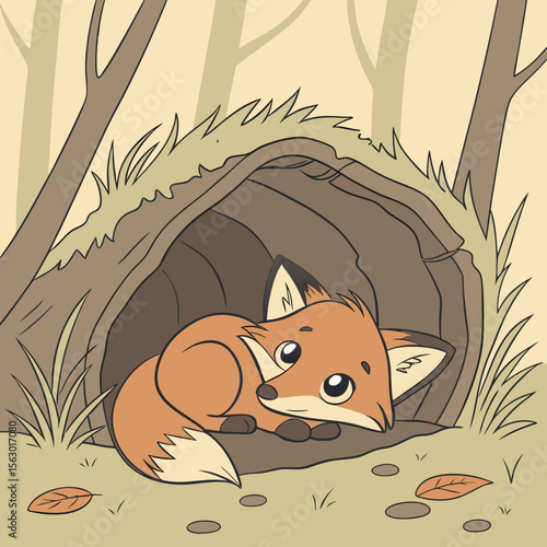 A cute fox is resting in its den in the forest