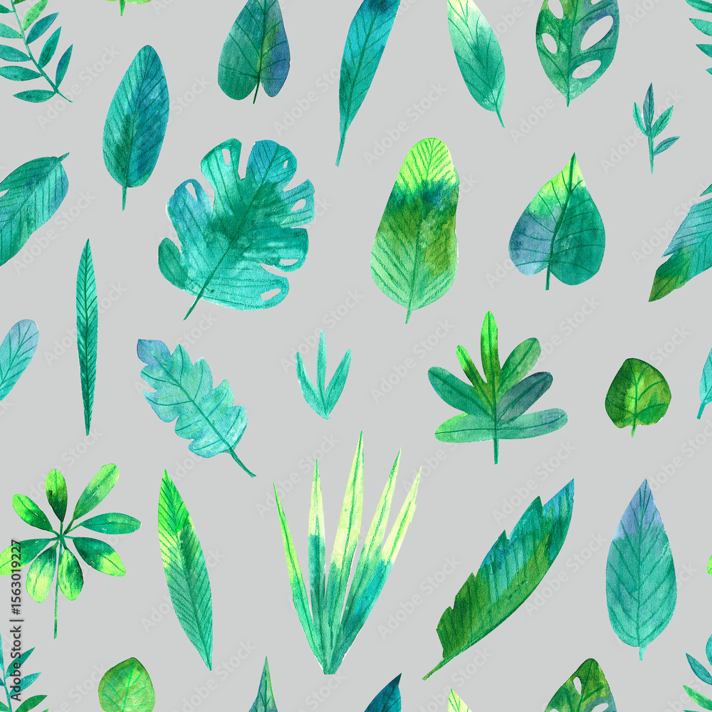 Seamless pattern with tropical leaves on a gray background. Realistic botanical illustration. Seamless pattern with tropical leaves on a gray background. Realistic botanical illustration.