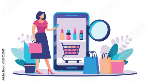 Illustration of a woman shopping online with a phone displaying a shopping cart and cosmetics shelf
