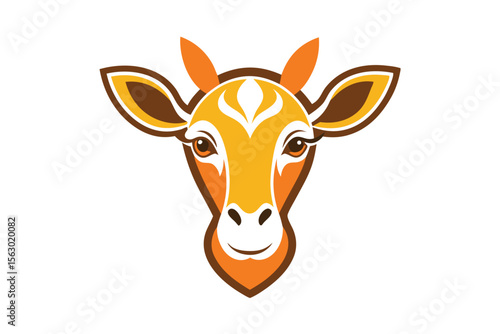 A brightly colored stylized giraffe with a gentle expression faces forward on a white background