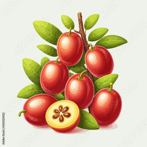 Digital illustration of a group of red berries, some whole and one sliced to reveal interior, situated on a branch with leaves, presented against a light background.