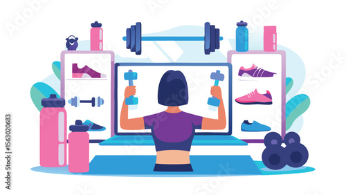 Woman lifting dumbbells in front of a computer screen with fitness equipment on shelves behind her