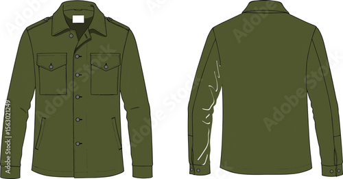 Military style jacket technical flat, front and back vector template, fashion cad drawing with pockets and collar design