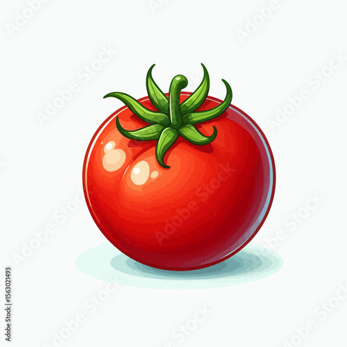 Digitally rendered, full-color illustration showcasing a single, whole tomato with its stem and leaves.  The tomato is a deep red color and is set against a bright white background.