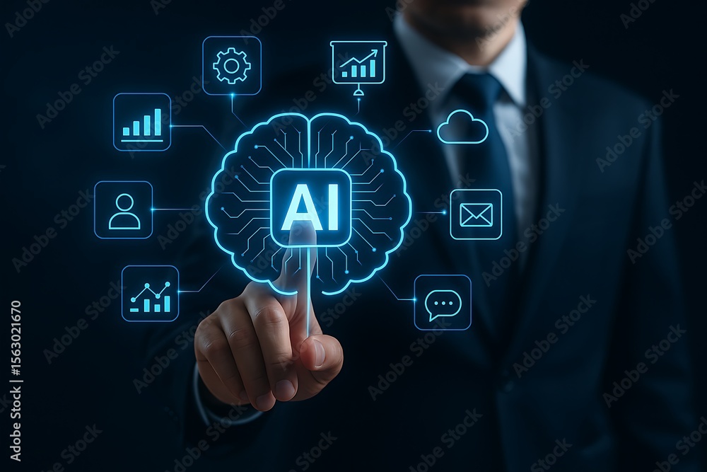 Businessman Interacting with AI-Powered Digital Brain Interface Surrounded by Data and Network Icons Businessman Interacting with AI-Powered Digital Brain Interface Surrounded by Data and Network Icons