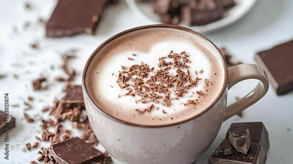 A cup of hot chocolate topped with chocolate shavings, surrounded by chocolate pieces. A cup of hot chocolate topped with chocolate shavings, surrounded by chocolate pieces.