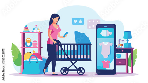 Woman shopping for baby clothes online using a mobile phone next to a crib and baby accessories