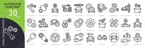 Automotive spare parts related icon collections. Containing tire, engine, brake, battery, gear, piston, filter, wrench, axle, and radiator icons. Outline icons.