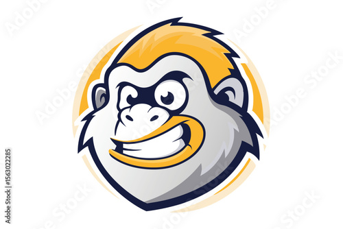 Cartoonish ape head with a wide toothy grin is framed by an offwhite circle