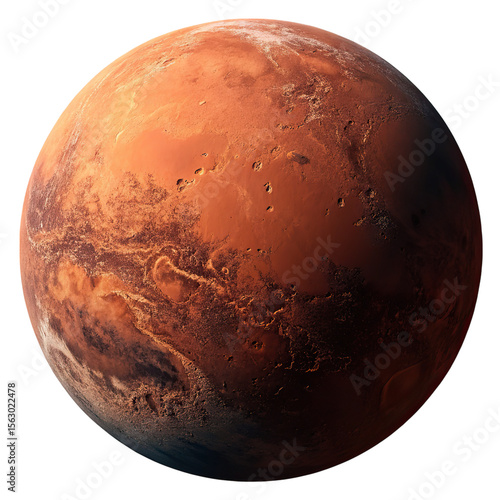 Mars with red rocky dusty surface and canyons, realistic 3D sphere, isolated on transparent background