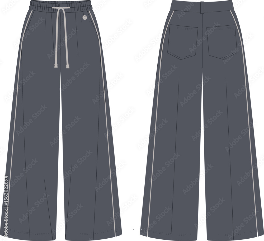 Wide leg casual pants technical flat, front and back vector illustration, drawstring waist fashion design, cad drawing template Wide leg casual pants technical flat, front and back vector illustration, drawstring waist fashion design, cad drawing template