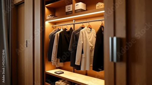 A modern wooden wardrobe interior showcases stylish clothing in an organized space with subtle lighting for an elegant home.