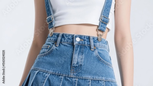 Person wearing a white crop top and denim overalls skirt