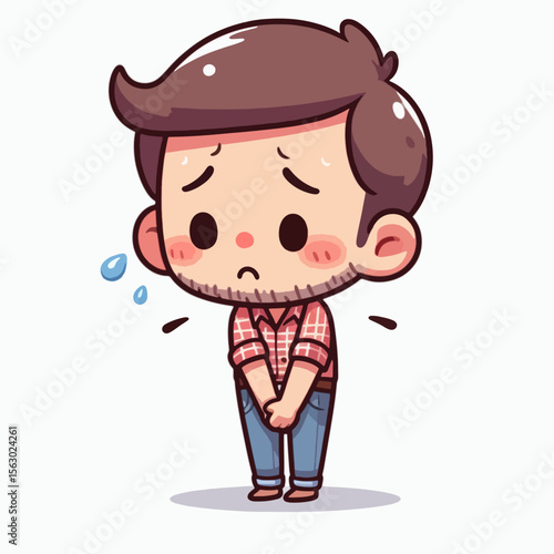 Digitally rendered, cartoon illustration of a slightly embarrassed man with a distressed expression.