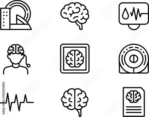 Brain Health and Monitoring Icon Set Featuring Brain Activity, Neural Connections, Heartbeat, EEG, and Blood Flow