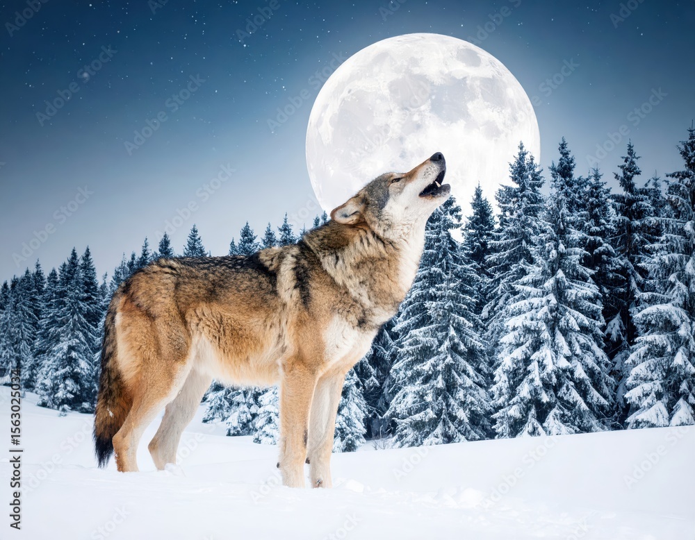 Majestic Wolf Howling Under Full Moon in Winter Wonderland Landscape Majestic Wolf Howling Under Full Moon in Winter Wonderland Landscape