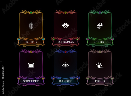 set of dark fantasy gothic medieval trading card game with fighter, barbarian, cleric, sorcerer, ranger, druid class in various color