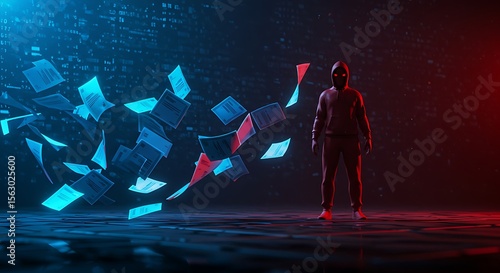 Data breach visualization showing crimson hacker silhouette surrounded by falling digital documents