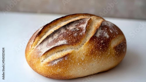 A freshly baked round loaf of bread with a golden crust and scored top.