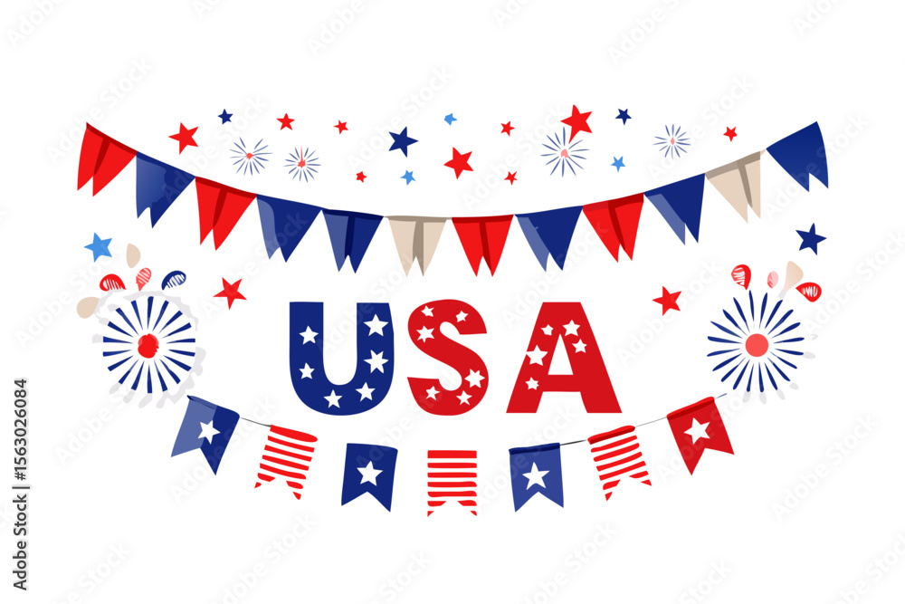 Obraz premium Festive usa lettering with patriotic bunting and fireworks on black background