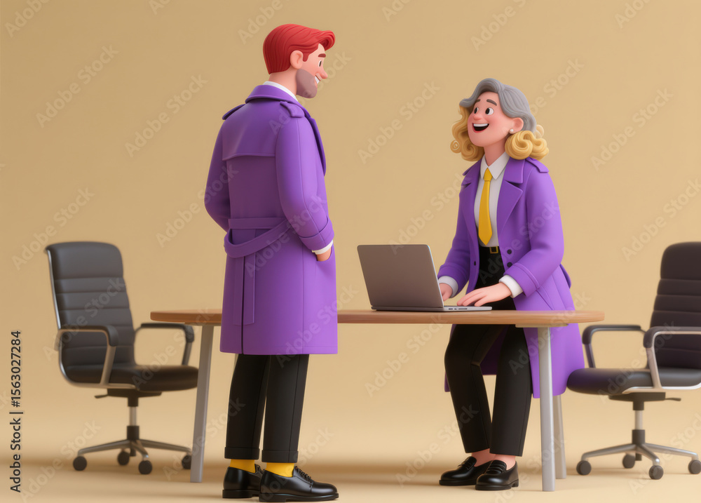 Obraz premium 3d rendered cartoon poster of two lawyer colleagues, a man and a woman, actively discussing a problem using a computer with a solid color background
