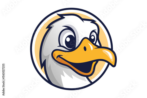 cartoon duck emblem showcases a smiling, stylized bird head inside of a circle