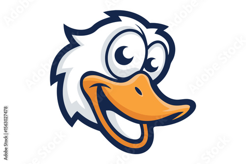 Cartoon duck face with big eyes smiles broadly revealing its joyful character on white