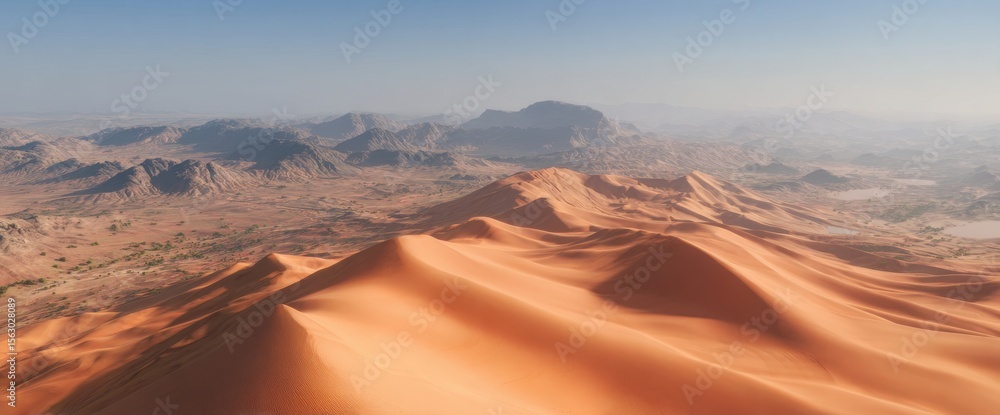 Fototapeta premium Aerial Sandy Landscape with Rolling Sand Dunes and Mountainous Terrain Under Clear Sky
