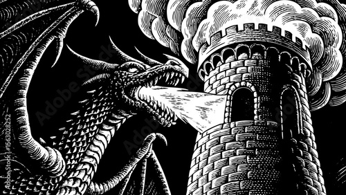 dragon coiled around a castle tower breathing fire, ideal for fantasy books, game art or mythological storytelling a black and white line art illustration
