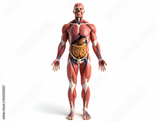 Stylized 3D Anatomical Figure Human Body Organs, Muscles, and Skeleton
