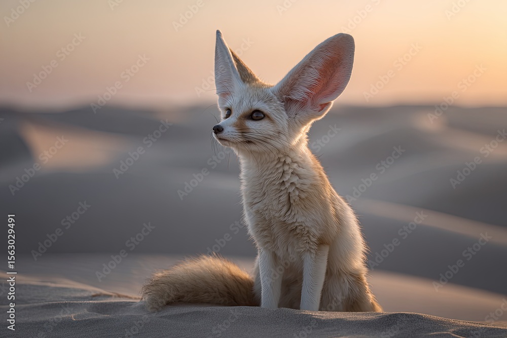 Fototapeta premium Adorable Fennec Fox with Large Ears Sitting on Desert Dunes at Sunset