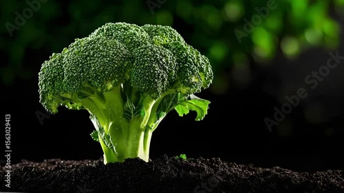 Wallpaper Mural A vibrant head of broccoli growing in dark, rich soil against a blurred green background. Torontodigital.ca