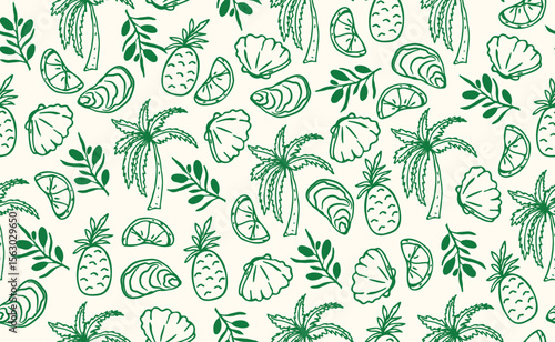 Hand drawn Italian mediterranean seafood seamless pattern. Italy summer background with lemon, olive, oyster, shell, palm. Amalfi coast elements for Italy menu, wedding, food sketch. Vector illustrati