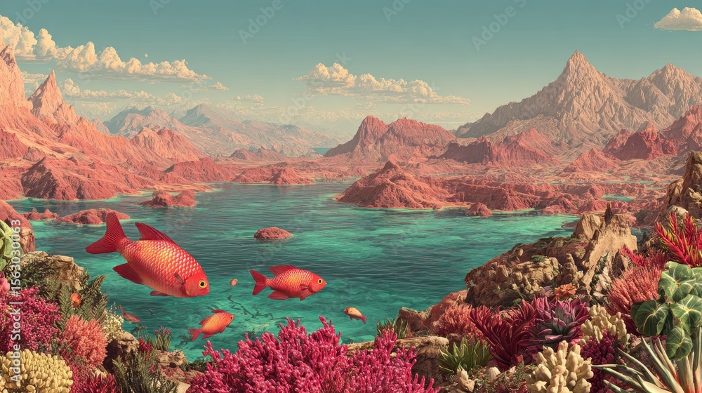 Obraz premium Vibrant Underwater Scene with Coral and Colorful Fish in Landscape