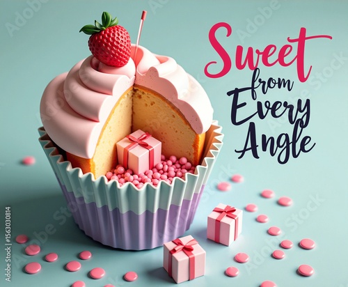 Wallpaper Mural Bite-cut cupcake with swirled icing and tiny presents on a soft pink-blue background. Torontodigital.ca