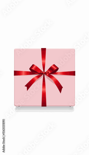 Pink gift box with red ribbon and bow on white background  
