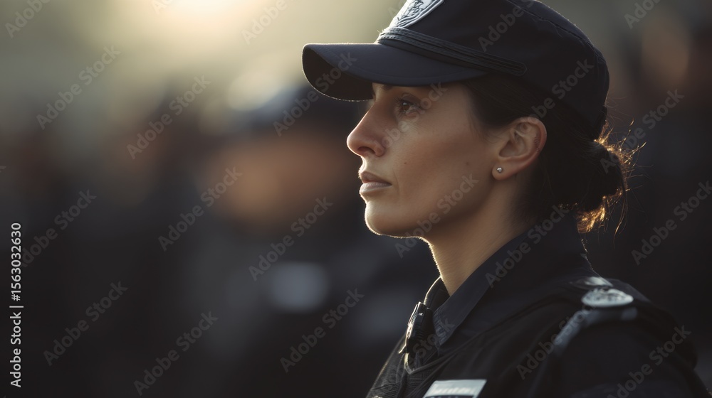 Profile view of a woman in a dark police uniform with a badge-adorned cap, hair tied in a bun, illuminated by warm sunlight, wearing a simple earring, surrounded by blurred figures in similar attire, Profile view of a woman in a dark police uniform with a badge-adorned cap, hair tied in a bun, illuminated by warm sunlight, wearing a simple earring, surrounded by blurred figures in similar attire,