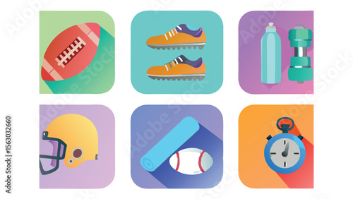 Various sports and fitness icons including football, shoes, weights, and timer on square backgrounds