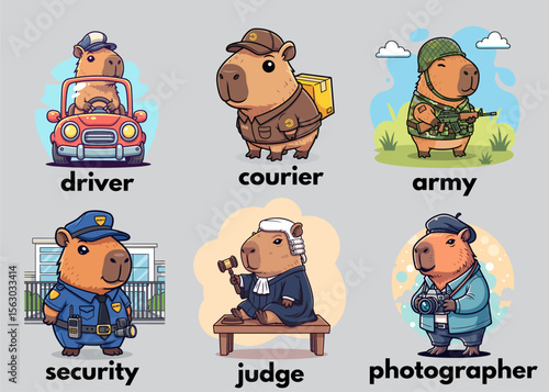 Cute capybara animal cartoon vector illustration in many kinds of profession, suitable for education purpose