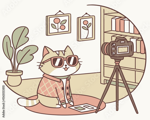 Cool cat photographer with camera and stylish outfit in a cozy home studio setting