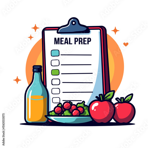 Vibrant meal prep planner with fresh ingredients in pop art style, health