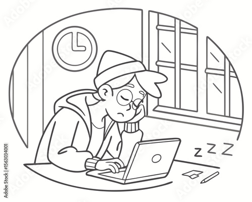 Line art illustration of a tired student falling asleep while studying on a laptop