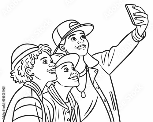 Three young friends taking a selfie together black and white line art illustration style