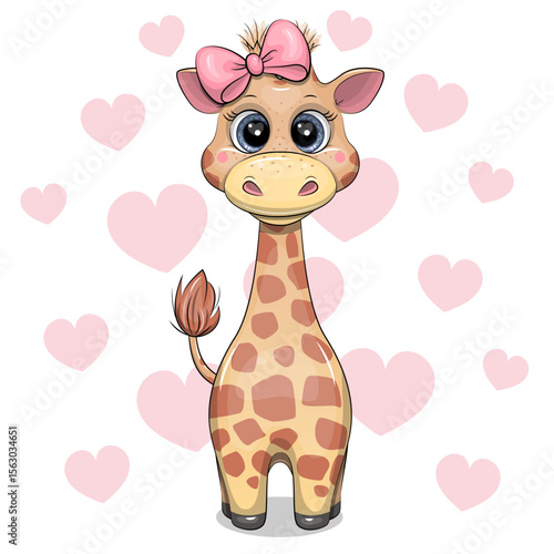 Cute Cartoon Giraffe with pink hair bow. Vector Illustration with animal on white background with pink hearts.