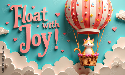 Wallpaper Mural Cute girl riding balloon through clouds with playful Float with Joy text. Torontodigital.ca