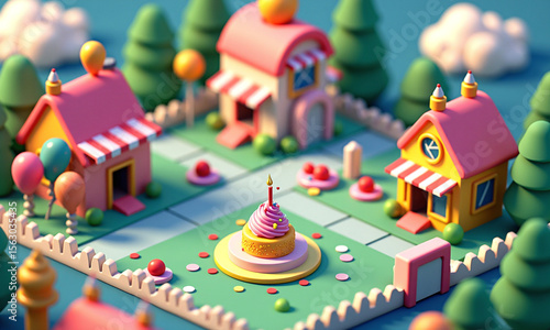 Wallpaper Mural Fantasy mini town square with pastel houses, trees, and a cake centerpiece in a playful toy style. Torontodigital.ca