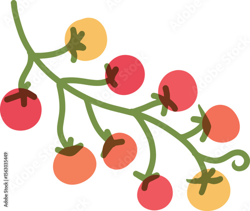 A colorful illustration of a bunch of cherry tomatoes on a vine